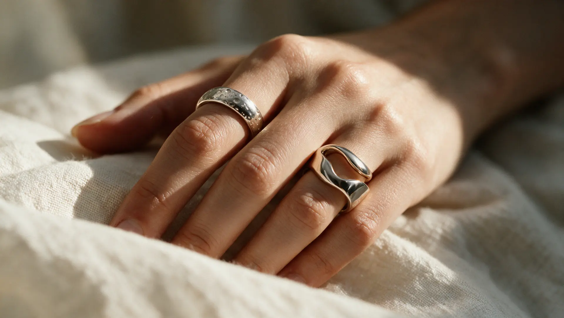 Silver rings worn on a hand resting on soft linen in daylight