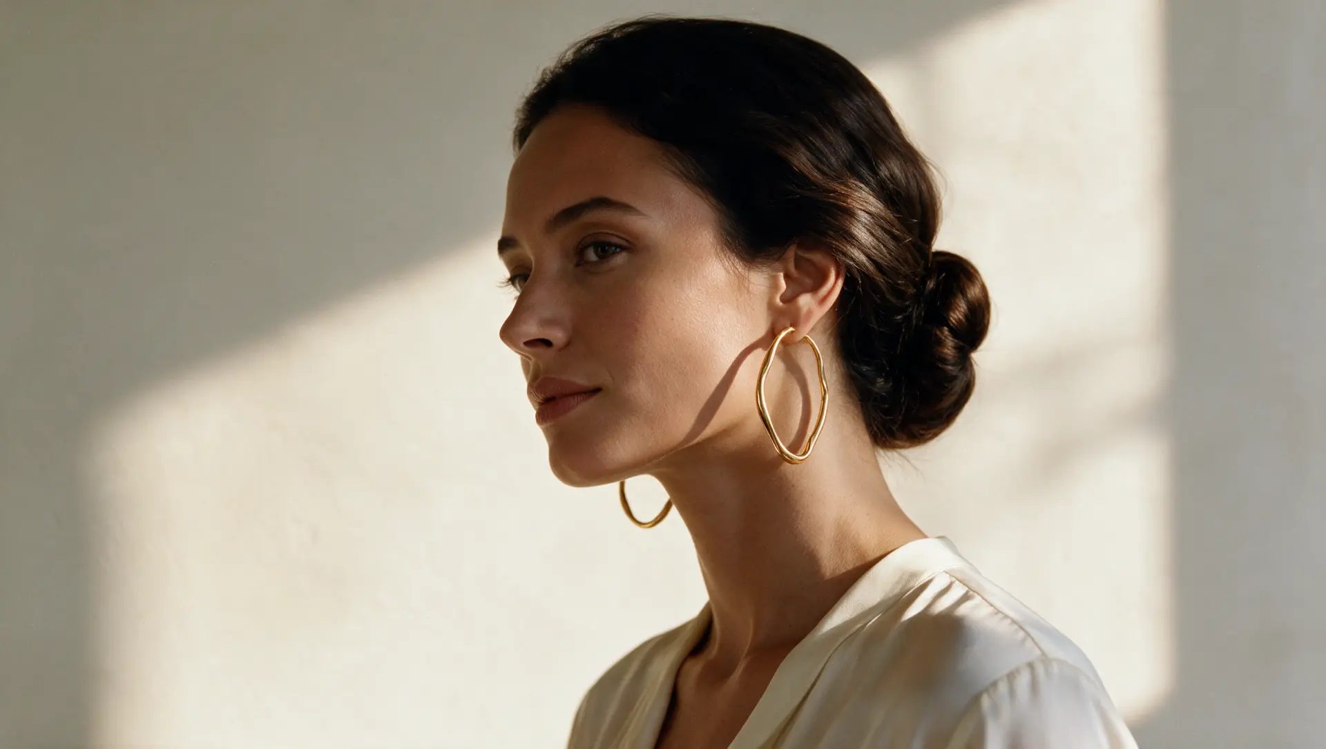 A woman wearing hand-formed gold hoop earrings in warm daylight